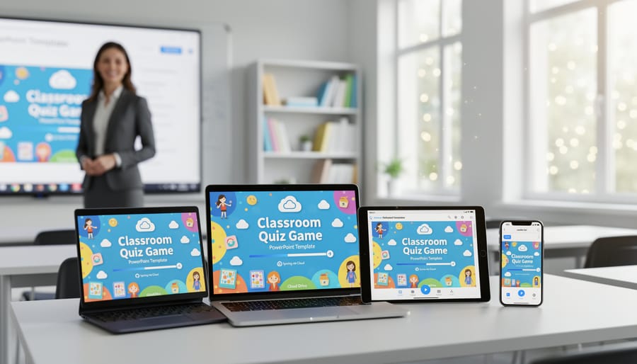 Teacher's workspace showing smartphone and laptop with cloud storage synchronization