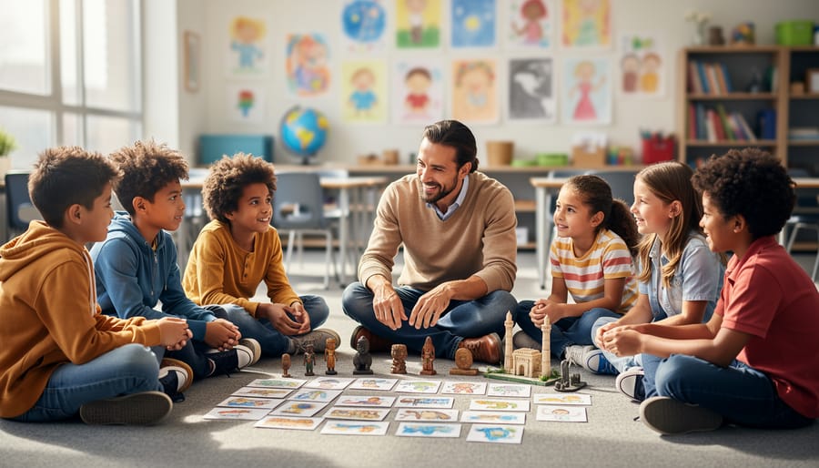 Teacher and diverse middle-school students seated in a circle using illustrated cards and cultural artifacts during a collaborative classroom activity, with soft daylight and blurred artwork and globe in the background.
