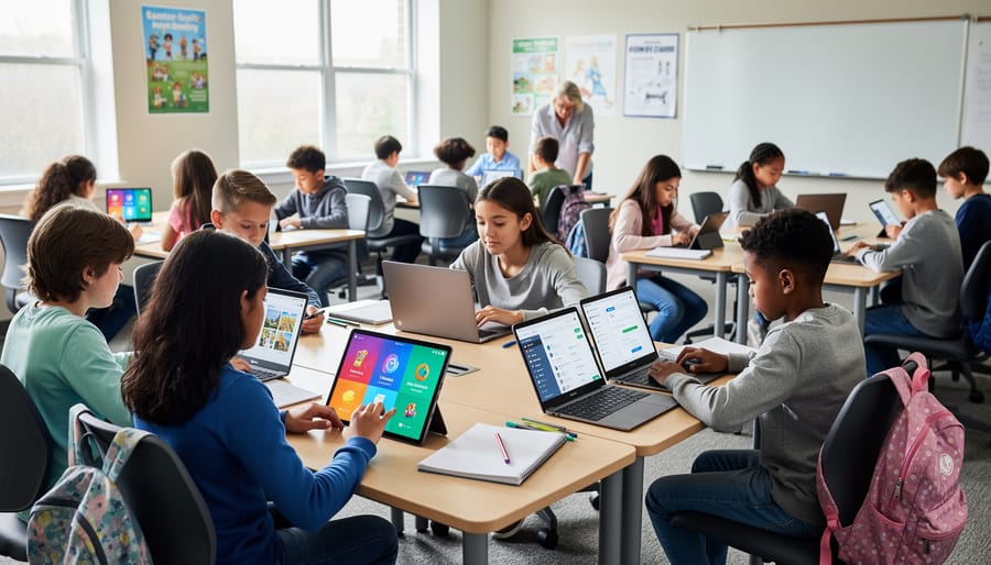 Overhead view of students' hands holding various devices including tablets, laptops, and smartphones on classroom table