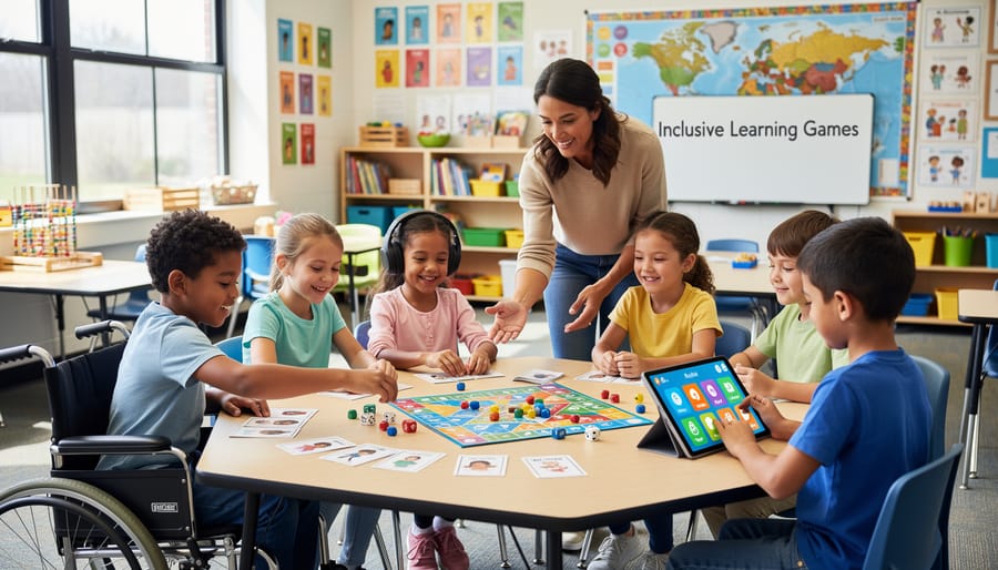 Diverse group of elementary students engaged in collaborative classroom learning game