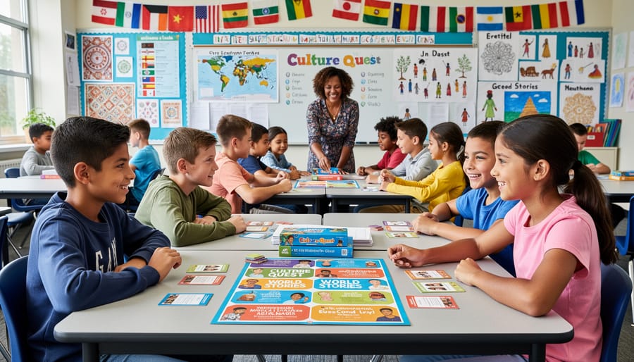 Diverse elementary students sitting in circle on classroom rug participating in interactive learning game