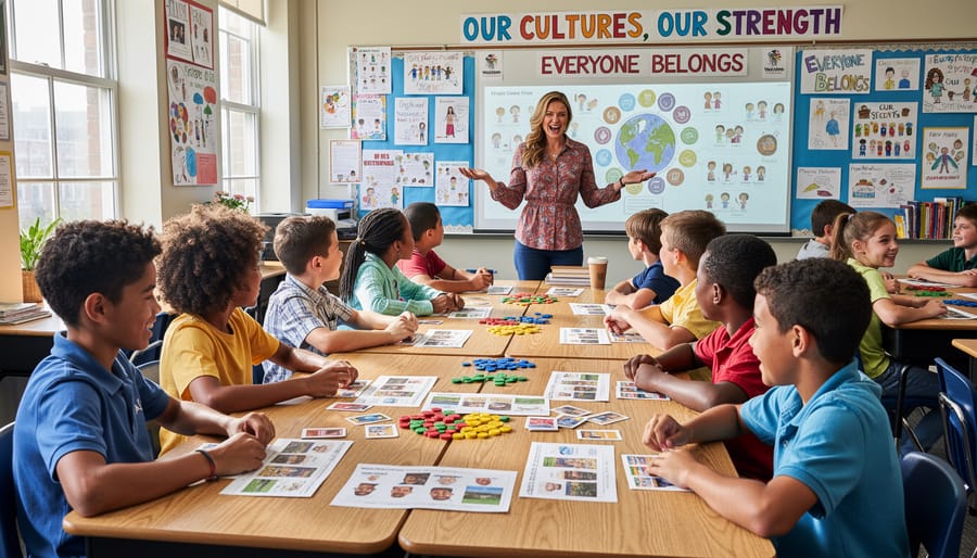 Diverse group of elementary students playing an educational board game together in a classroom circle