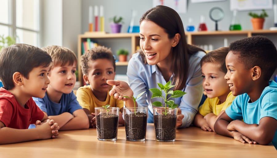 Elementary teacher guiding diverse small group of students around a classroom table with three transparent cups showing seedlings at sprout, developing leaves, and fuller growth, with students observing and a softly blurred background of science supplies.