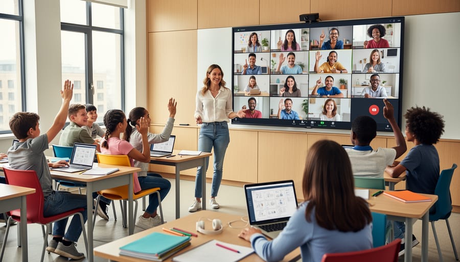 Students both in classroom and on screen enthusiastically participating in educational game