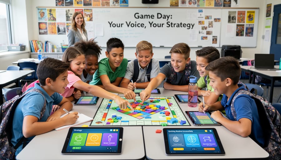 Engaged middle school student holding game piece and smiling during classroom activity
