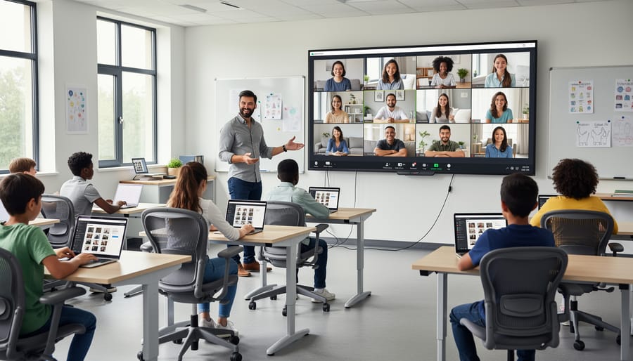 Classroom scene showing students learning both in-person and remotely via video conference