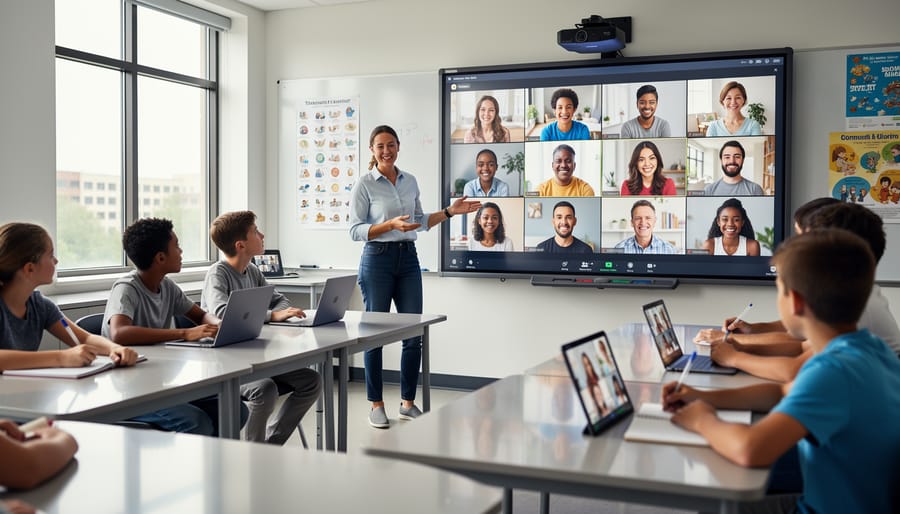Students in classroom using laptops for video conferencing with remote classmates