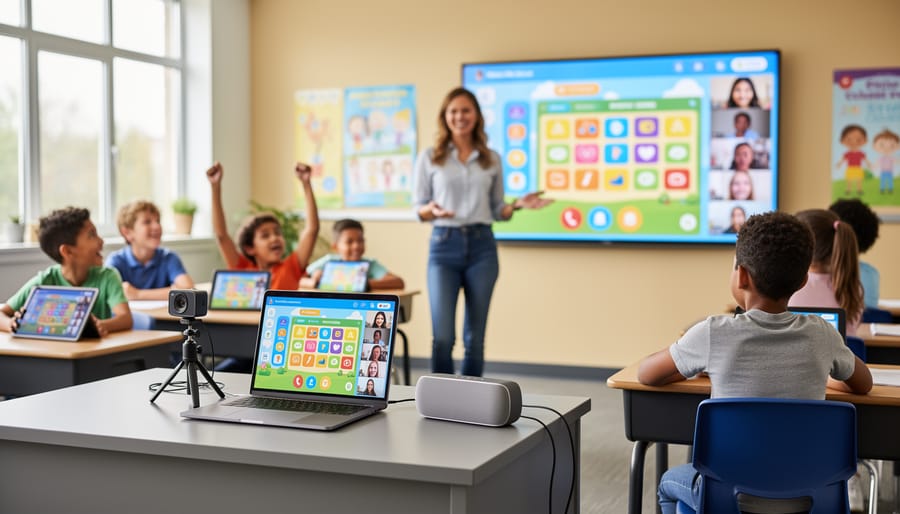 Teacher setting up laptop to share educational game with hybrid classroom