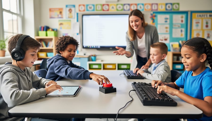 Students at a classroom table play a quiz game using assistive devices: one wears headphones with a tablet, another presses a large red accessibility switch, and a third uses an oversized-key keyboard while a teacher supports nearby.