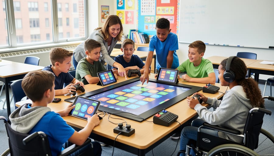 Diverse elementary students including one using adaptive switch device gathered around interactive touchscreen during classroom activity