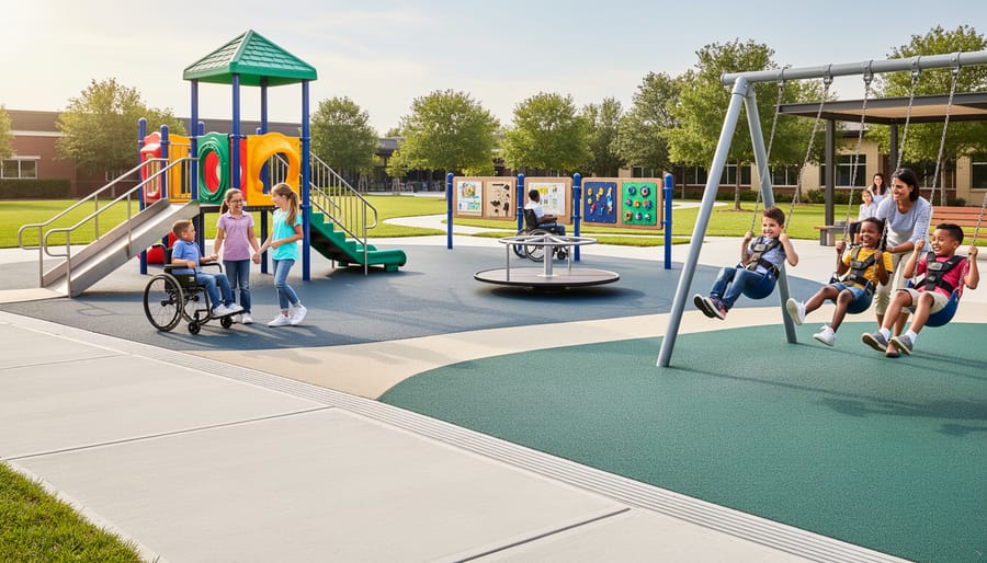 Children of diverse abilities playing together on an inclusive playground with wheelchair-accessible ramps