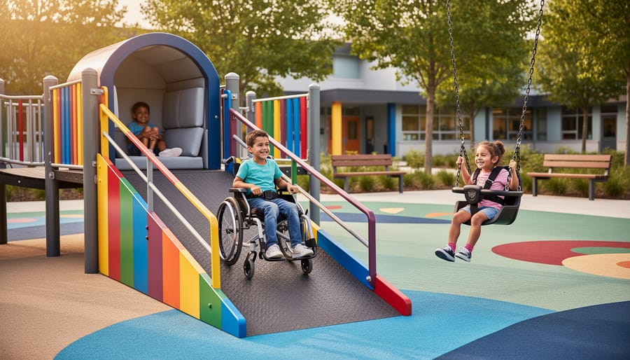 Children of diverse abilities play on an inclusive school playground: a child in a wheelchair moves up a wide rubberized ramp, another uses an adaptive swing, and a third rests in a shaded sensory pod, with wide paths and a school building in the background.