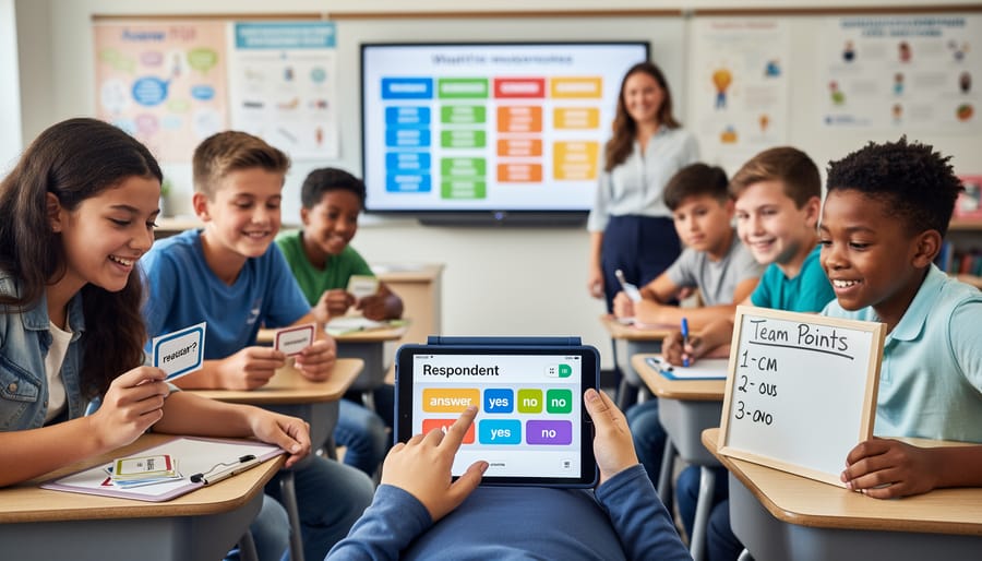 Diverse student team including wheelchair user gathered around educational game display in collaborative learning moment
