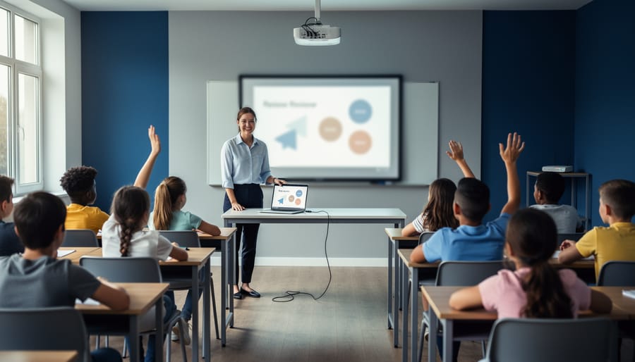 Teacher using a laptop connected to a projector at the front of a bright classroom as students raise their hands; the projected slide shows abstract shapes without text, and a Wi‑Fi router with faint lights is blurred on a side shelf.