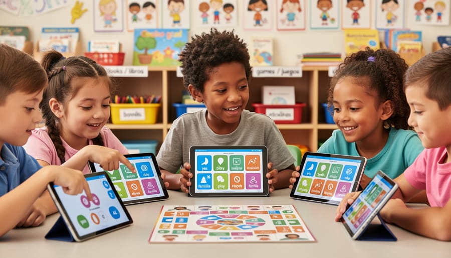 Diverse elementary students in classroom circle playing game together, one student using AAC communication tablet