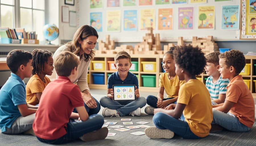 Diverse elementary students in a circle playing a classroom game as a teacher facilitates; one child uses an AAC tablet to communicate, with natural light and softly blurred classroom shelves, posters, and a globe in the background.