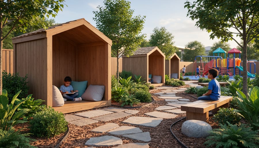 Enclosed quiet zone pod on playground with natural wood construction and shaded seating area