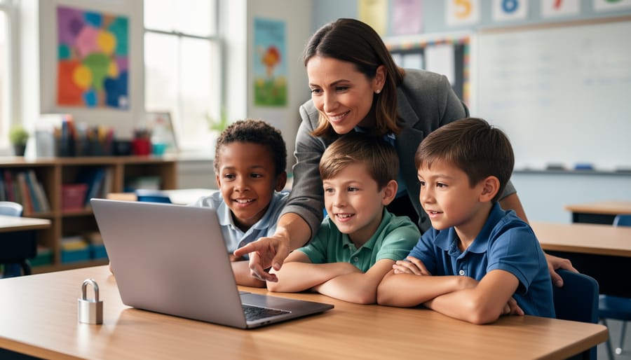 Elementary teacher with three students gathered at a classroom table using a laptop, a small silver padlock next to the keyboard, soft daylight and a blurred classroom background in view