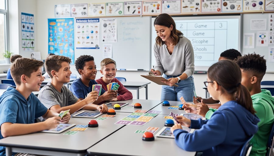 Elementary students engaged in hands-on science review game at classroom table