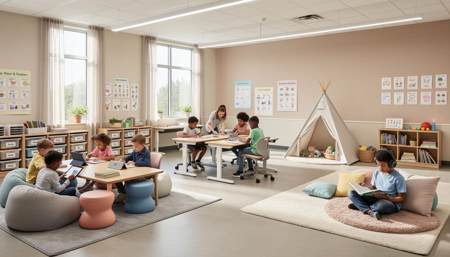 Diverse group of elementary students engaged in classroom activity with flexible seating options