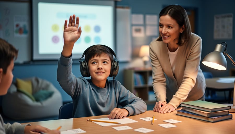 Student wearing noise-reducing headphones raising a hand at a group table under warm desk lighting, teacher nearby, dimmed classroom with blurred projector visuals and a quiet corner with beanbags in the background.