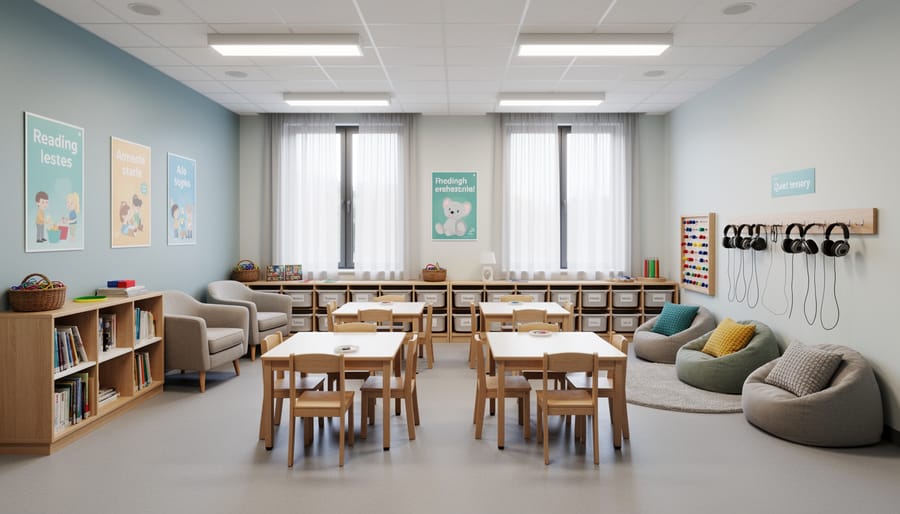 Elementary classroom with natural lighting and organized flexible seating arrangements