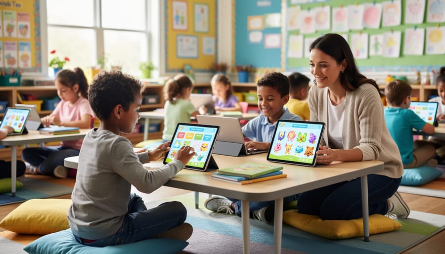 Elementary student wearing headphones and smiling while using tablet for interactive assessment
