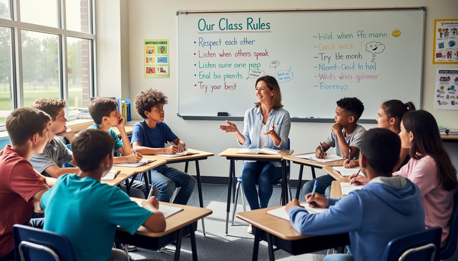 Elementary students and teacher sitting in circle having collaborative classroom discussion