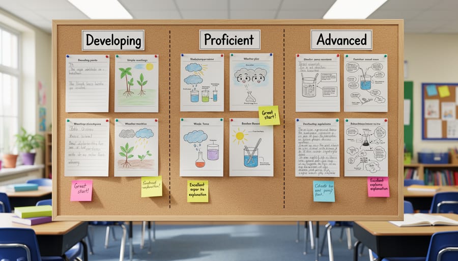 Teacher reviewing three different student science assignments showing varying levels of completion