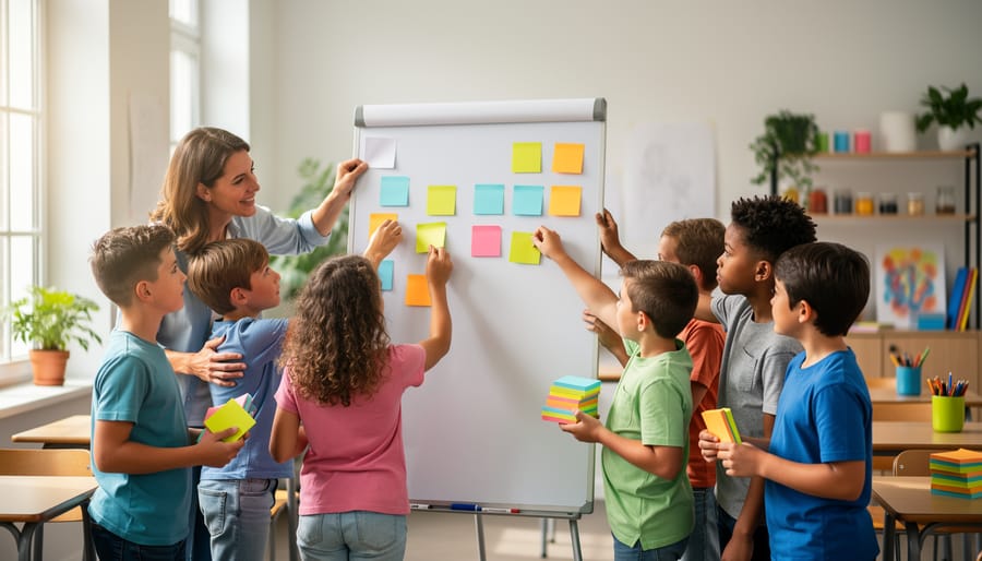Teacher and diverse middle school students gather at a whiteboard, placing colorful sticky notes on a large blank poster to co-create classroom rules, with soft natural light and blurred classroom shelves and plants in the background.