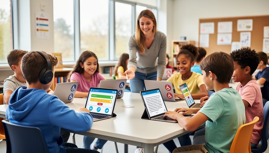 Diverse elementary students working together with tablets in a bright classroom setting