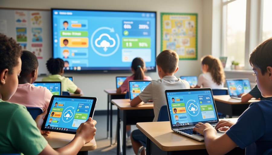 Elementary students using various devices in classroom setting