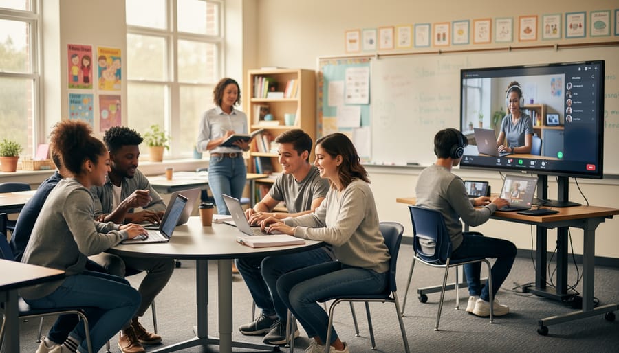 Three diverse students collaborating together on educational computer game at classroom desk