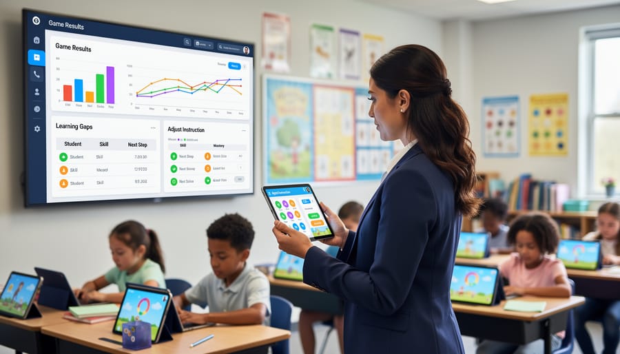 Teacher's desk with laptop showing game results and handwritten student assessment notes