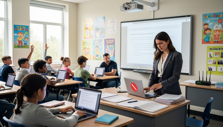 Teacher looking frustrated at laptop dealing with internet connectivity problems in classroom