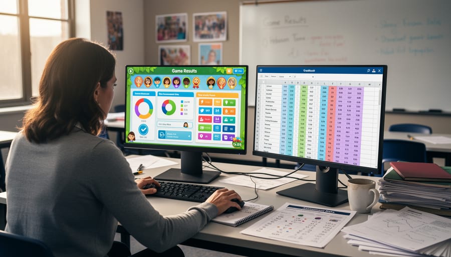 Teacher at desk with printed game scores and laptop gradebook showing data entry challenge