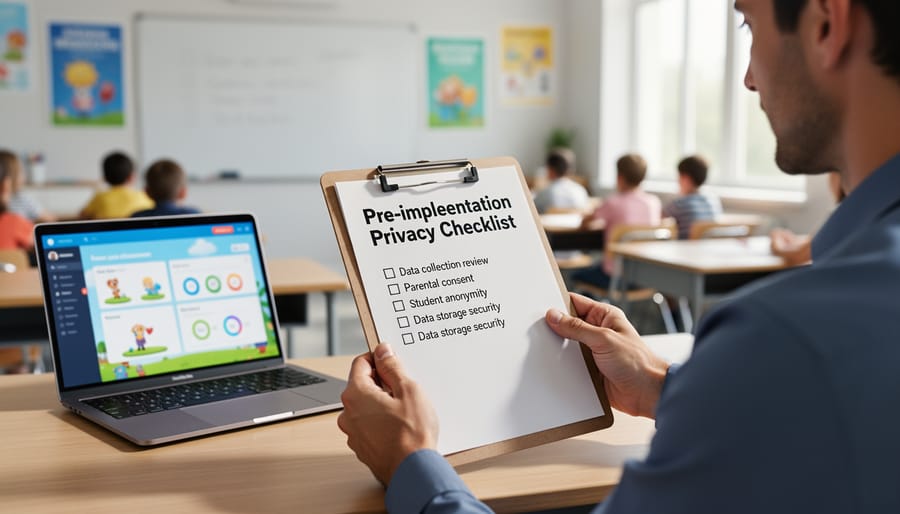 Teacher reviewing checklist on clipboard for evaluating classroom assessment tools