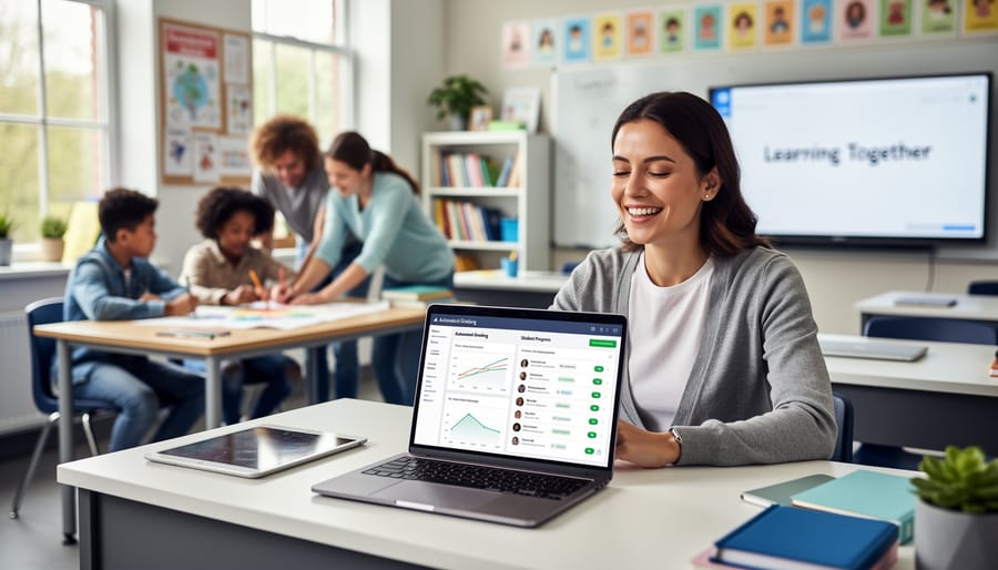 Teacher working calmly at laptop with coffee, showing relaxed grading workflow