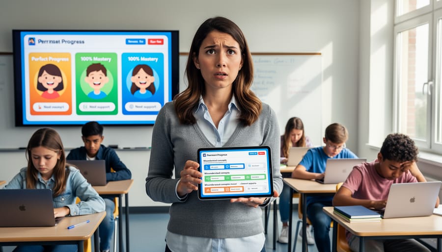 Teacher examining game assessment results on tablet in classroom setting