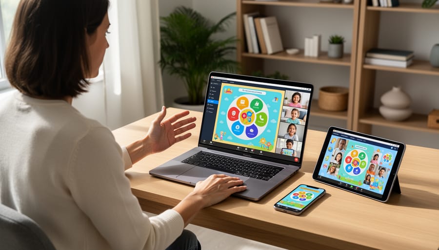 Teacher conducting remote lesson via laptop with screen sharing for online students