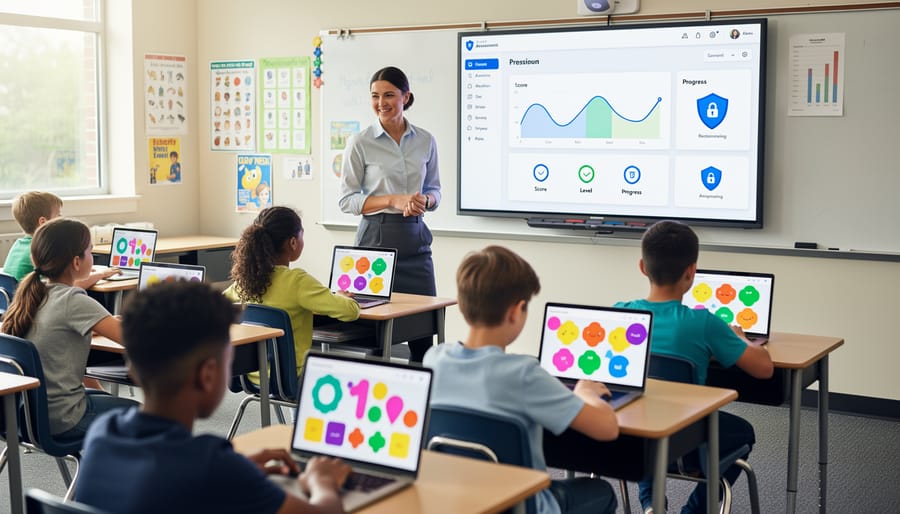 Elementary teacher and students gathered around laptop during classroom game-based learning activity