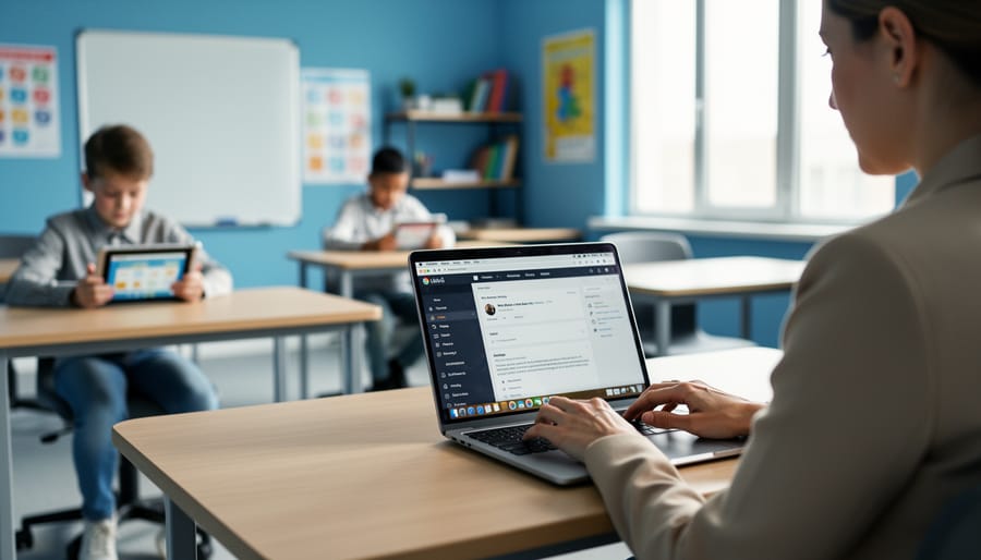Teacher at a laptop monitoring activity while two students use tablets in a sunlit classroom, with softly blurred whiteboard and posters in the background and no charts or readable text visible.