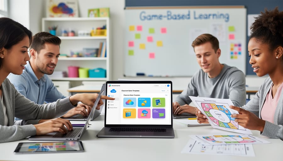 Two teachers collaborating and sharing resources on laptop computer