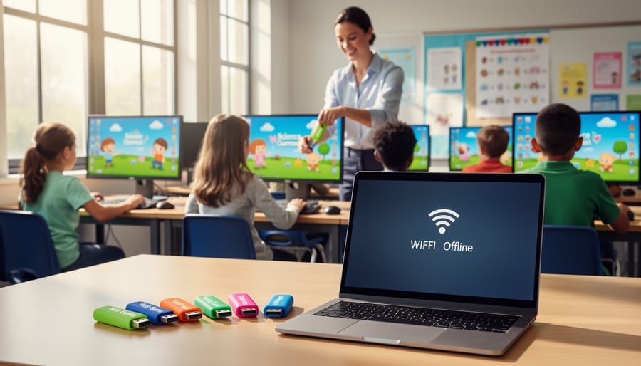 Teacher inserting USB flash drive into laptop for offline file storage