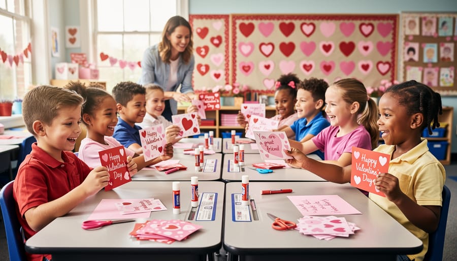 Children exchanging handmade Valentine cards in classroom setting