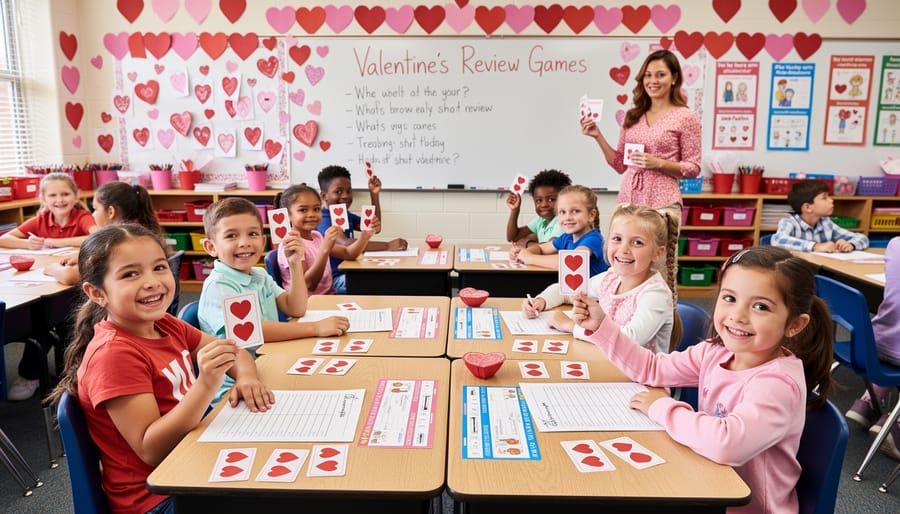 Elementary students participating in Valentine-themed classroom game activity