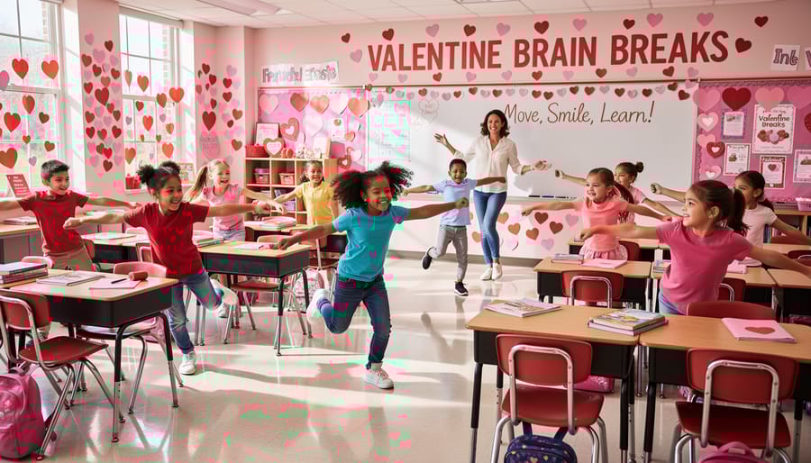 Elementary students engaged in active Valentine's Day movement game in classroom
