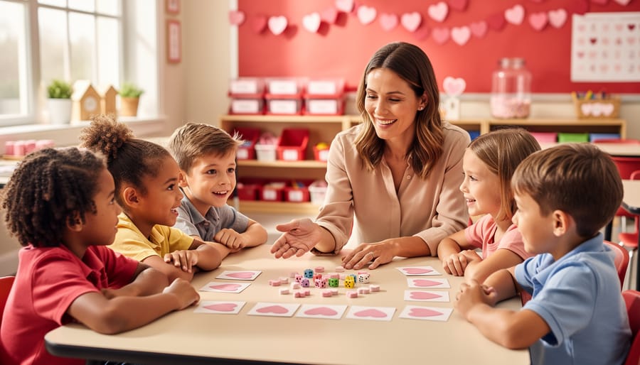 Teacher guiding a small group of diverse elementary students using candy hearts, dice, and heart-shaped cards for a Valentine-themed learning activity at a classroom table, with soft natural light and blurred heart decorations in the background; no visible text.