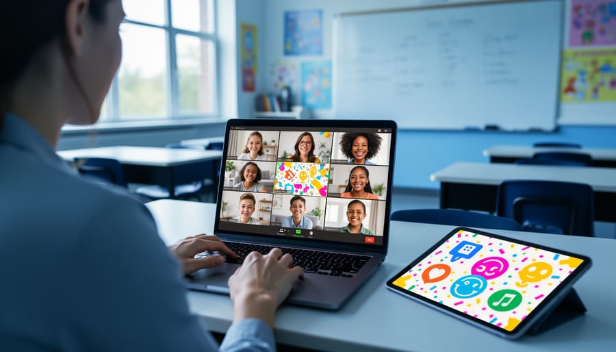 Over-the-shoulder view of a teacher at a desk leading a video conference with a grid of diverse students on a laptop and a tablet showing colorful, text-free quiz graphics, softly lit with a blurred classroom background.