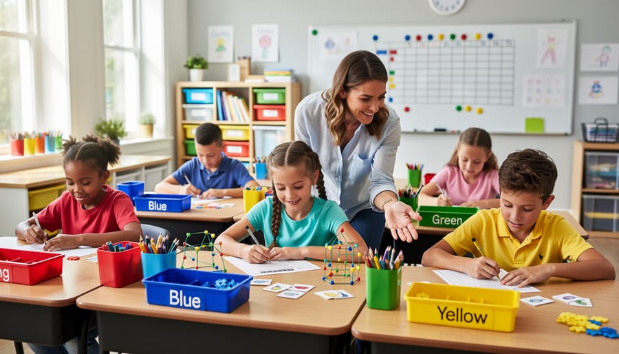 Teacher oversees four color-coded student teams collaborating at separate classroom stations, with natural daylight and a text-free magnetic scoreboard in the background.